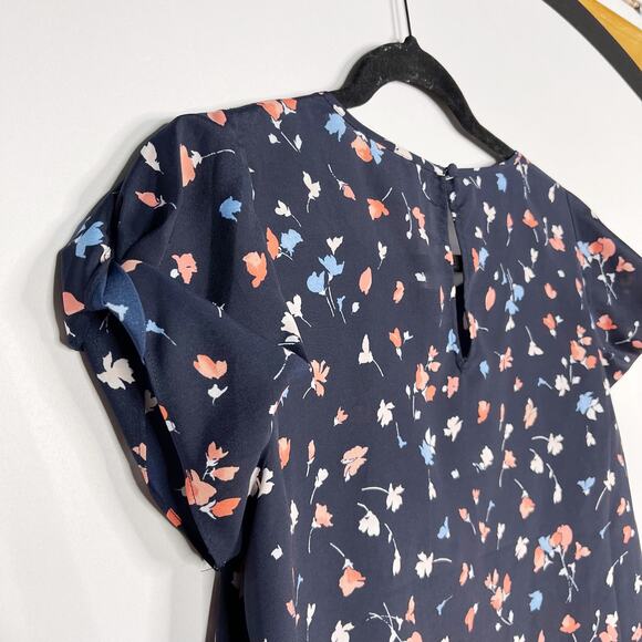 Joie XSmall XS Navy Blue Floral Gathered Sleeve Blouse Top Keyhole Back Scoop - Picture 6 of 9